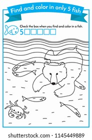 Find and color in only 5 fish. Maths game for kids learning to count. Coloring book. Education for preschoolers. Format A4