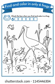 Find and color in only 6 frogs. Maths game for kids learning to count. Coloring book. Education for preschoolers. Format A4