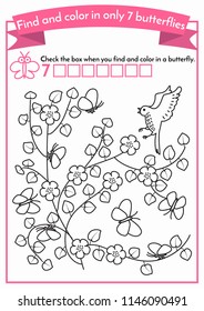 Find and color in only 7 butterflies. Maths game for kids learning to count. Coloring book. Education for preschoolers. Format A4