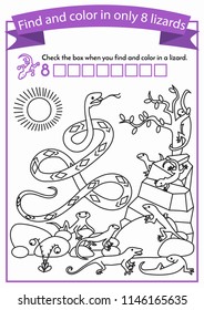 Find and color in only 8 lizards. Maths game for kids learning to count. Coloring book. Education for preschoolers. Format A4