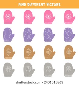 Find colorful mitten which is different from others. Worksheet for kids.
