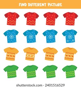 Find colorful tshirt which is different from others. Worksheet for kids.