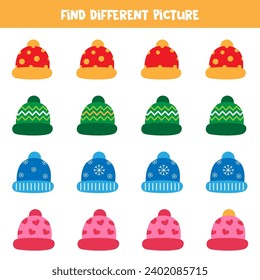 Find colorful winter cap which is different from others. Worksheet for kids.