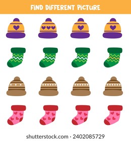 Find colorful winter sock and cap which is different from others. Worksheet for kids.