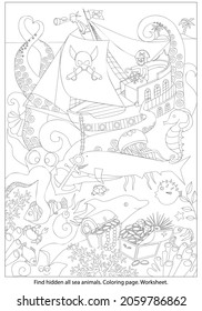 Find and coloring all ocean animals. Pirates on board fight with Octopus on sea.  Marine life. Search hidden objects in the picture. Education Puzzle Sketch vector illustration. 