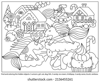 Find and coloring the hidden objects.  Unicorns in sky. Colouring page with sweet home, lollipops and candy city on clouds. Worksheet for kids.