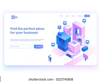 Find commercial real estate for your business. Choose criteria for office. Isometric vector illustation with buildings. Landing page concept