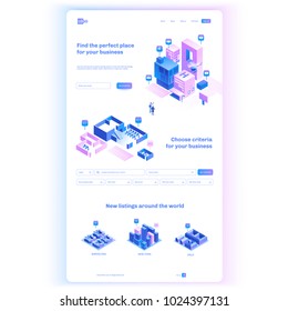 Find commercial real estate for your business. Choose criteria for office. Isometric vector illustration with buildings. Landing page concept