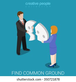 Find common ground flat 3d isometric lifestyle reconcile reconciliation concept web vector illustration. Couple combine broken chat bubble. Creative people collection.