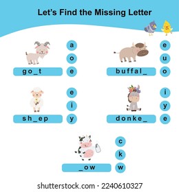 Find and complete the missing letter worksheet for toddler with cute farm animal theme. Worksheet for preschool. Introducing letters to kids. Cute goat, sheet, buffalo, donkey and cow. Kawaii vector. 