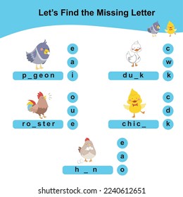 Find and complete the missing letter worksheet for toddler with cute farm animal theme. Worksheet for preschool. Introducing letters to kids. Cute chick, duck, pigeon, hen and rooster Kawaii vector. 