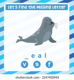 find and complete the missing letter worksheet for kids learning sea animal vocabulary in English. A cute seal. educational game. Printable worksheet for preschool. Writing practice. Vector file.
