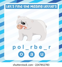 Find and complete the missing letter worksheet for kids learning animal vocabulary in English. The polar bear. educational game. Printable worksheet for preschool. Writing practice. Vector file.