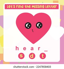 Find and complete the missing letter worksheet for kids learning the shapes vocabulary in English. The heart shape. Educational alphabetic game. Printable worksheet for preschool. Writing practice. 