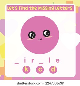 Busque y complete la hoja de cálculo de letras que falta para los niños que aprenden el vocabulario de las formas en inglés. La forma del círculo. Juego alfabético educativo. Hoja de cálculo imprimible para preescolar. Práctica de escritura.