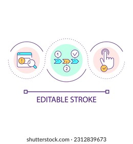 Find complex issues loop concept icon. Search mistakes. Problems solving. Product testing abstract idea thin line illustration. Isolated outline drawing. Editable stroke. Arial font used