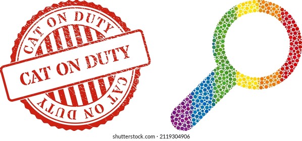Find composition icon of circle spots in different sizes and spectrum colored shades. Red round distress seal with Cat on Duty phrase. A dotted LGBT- colored find for lesbians, gays, bisexuals,