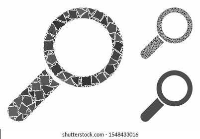 Find composition of tremulant parts in different sizes and color tints, based on find icon. Vector joggly parts are grouped into composition. Find icons collage with dotted pattern.