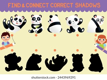 Find and connect correct shadows. Fun educational game for children with cute panda animals and their silhouette. Design for development of preschool kids. Cartoon flat vector illustration