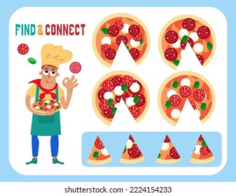 Encuentra y conecta las pizzas ocultas. Juego educativo para niños. Rompecabezas, juego a juego. Hoja de trabajo para preescolares. Ilustración vectorial. 