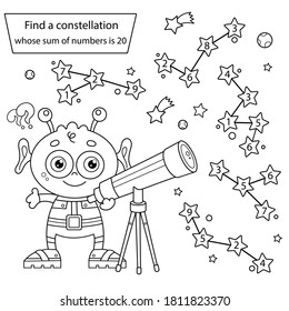 Find a constellation whose sum of numbers is 20. Puzzle Game. Coloring Page Outline Of Cartoon alien with telescope. Space. Coloring book for kids.