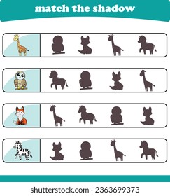 Find the correct animal shadow. Logic Educational Games for Kids