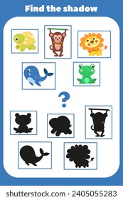 Find the correct animal shadows. Educational logic game for children. Puzzle for preschoolers. Educational cards for children