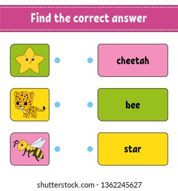 Find the correct answer. Draw a line. Learning words. Education developing worksheet. Activity page for study English. Game for children. Funny character. Isolated vector illustration. Cartoon style