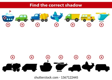 Find correct cars shadow. Cute vector ship, plane, helicopter, bus and truck. Educational game for preschool children.