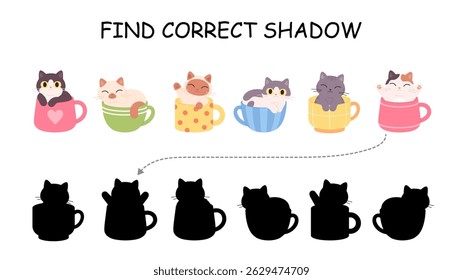 Find correct cat shadow game. Cute cartoon kittens in cups and black shadows. Preschool children education attention play, vector template