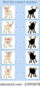 Find the correct deer shadow. Cartoon vector illustration for activity book. Worksheet for children's entertainment.