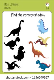 Find correct dinosaur shadow. Cartoon cute dinosaurs on white background. Game for children, toddlers. Educational card for preschoolers.