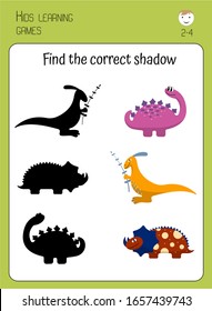 Find correct dinosaur shadow. Cartoon cute dinosaurs on white background. Game for children, toddlers, preschoolers