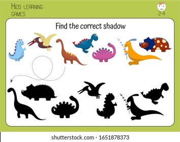 Find correct dinosaur shadow. Game for children, preschoolers. Cute cartoon dinosaurs. Educational card for kids