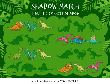 Find The Correct Dinosaur Shadow, Kids Game Or Puzzle Tabletop Boardgame, Vector. Dino Shadow Match Board Game With Jurassic T-rex Tyrannosaurus, Cartoon Dragon Brontosaurus And Pterodactyl