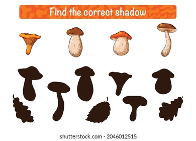 Find Correct Edible Mushroom Shadow Educational Game for Kids. Silhouette matching activity for children with mushrooms. Preschool puzzle. Educational worksheet. Premium Vector