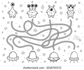 Find the correct flying saucer for each alien. Black and white space maze for kids. Activity page with funny space characters.  Mini game and coloring page. Vector illustration