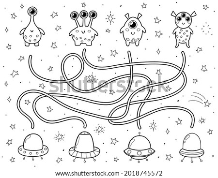 Find the correct flying saucer for each alien. Black and white space maze for kids. Activity page with funny space characters.  Mini game and coloring page. Vector illustration