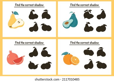 Find correct Fruit shadow educational game for kids. Preschool puzzle. Shadow matching activity for children. Educational worksheet. Find correct silhouette game with ripe fruits