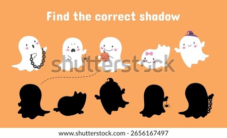 Find correct ghost shadow. Children educational game with funny cartoon ghosts. Halloween play with cute childish mascots, vector template