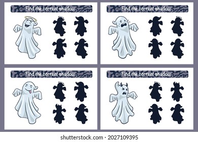 Find correct Ghosts shadow educational game for kids. Shadow matching activity for children with ghosts. Preschool puzzle. Educational worksheet. FInd the correct spooky shadow game. Premium Vector