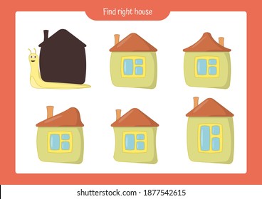 Encuentra la casa correcta para el caracol. Juego educativo para niños. Entrena atención y concentración. Ilustración del vector