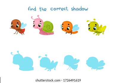 Find the correct insect shadow. Educational game for children. Vector illustrations for children books.