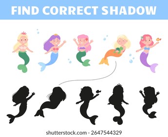 Find correct mermaid shadow. Children educational development game with funny cartoon underwater mermaids princess, fish, turtle, vector template