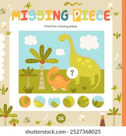 Encontre a peça correta faltante para imagem com dinossauros. Lindas atividades de dinossauros para crianças. Ilustração vetorial. Jogo de correspondência. Página quadrada do livro de atividades Dino.