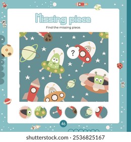 Find the correct  missing piece for picture with aliens. Outer Space activities for kids. Vector illustration. Matching game. Square page for universe Activity Book.