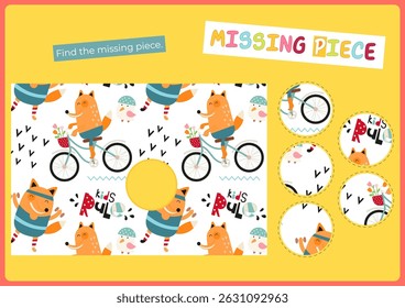Find the correct  missing piece for picture with foxes. Cute animals activities for kids. Vector illustration. Matching game. Flash card for Activity Book.