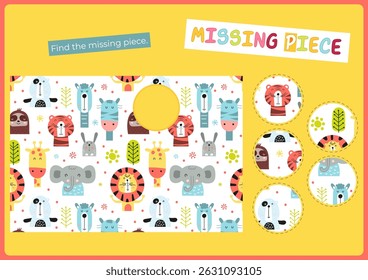 Find the correct  missing piece for picture with foxes. Cute jungle animals activities for kids. Vector illustration. Matching game. Flash card for Activity Book.