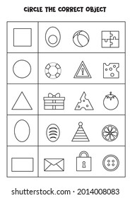 Find the correct object in a row. Match shapes and objects. Learning geometrical shapes. 