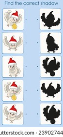 Find the correct owl shadow. Cartoon vector illustration for activity book. Worksheet for children's entertainment.